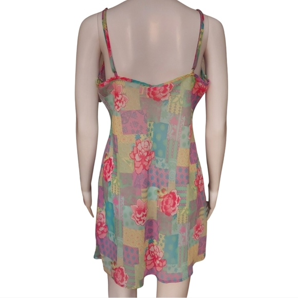 Vintage Y2K Natori Pastel Floral Patchwork Chiffon Ruffle Slip Dress - Picture 6 of 14